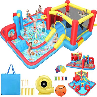 AKEYDIY Inflatable Water Slide Bounce House for Big Kids 3-12, Obstacle Course with Tunnel & Slide, Large Splash Pool, Water Cannon, Blow Up Water Park for Kids Backyard Indoor Outdoor