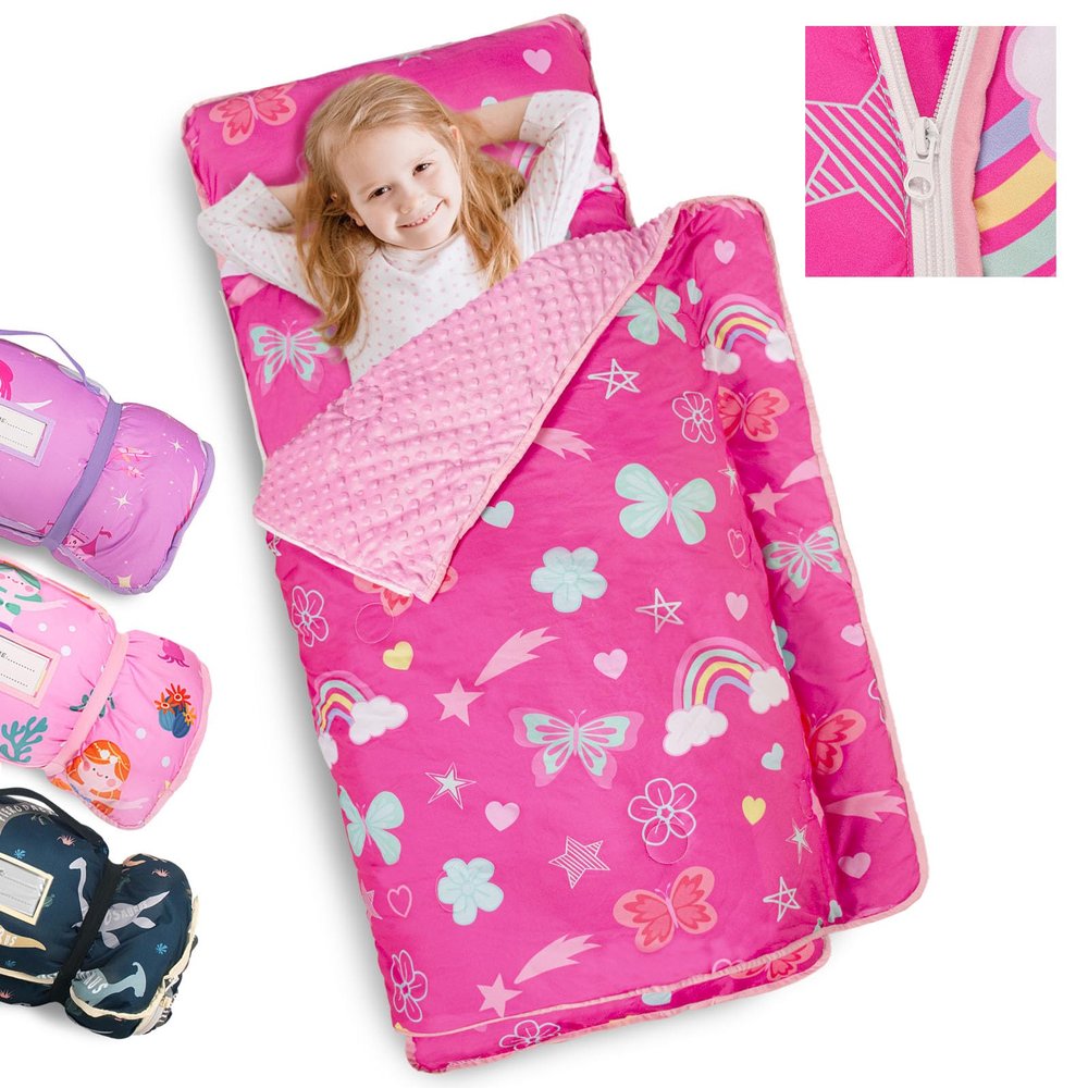 Primlect Toddler Nap Mat Extra Large Thickened 55''x35'', Soft Sleeping Bag with Detachable Minky Blanket and Pillow, Portable for Daycare, Preschool, Kindergarten, Travel, Girls (Rainbow Butterfly)