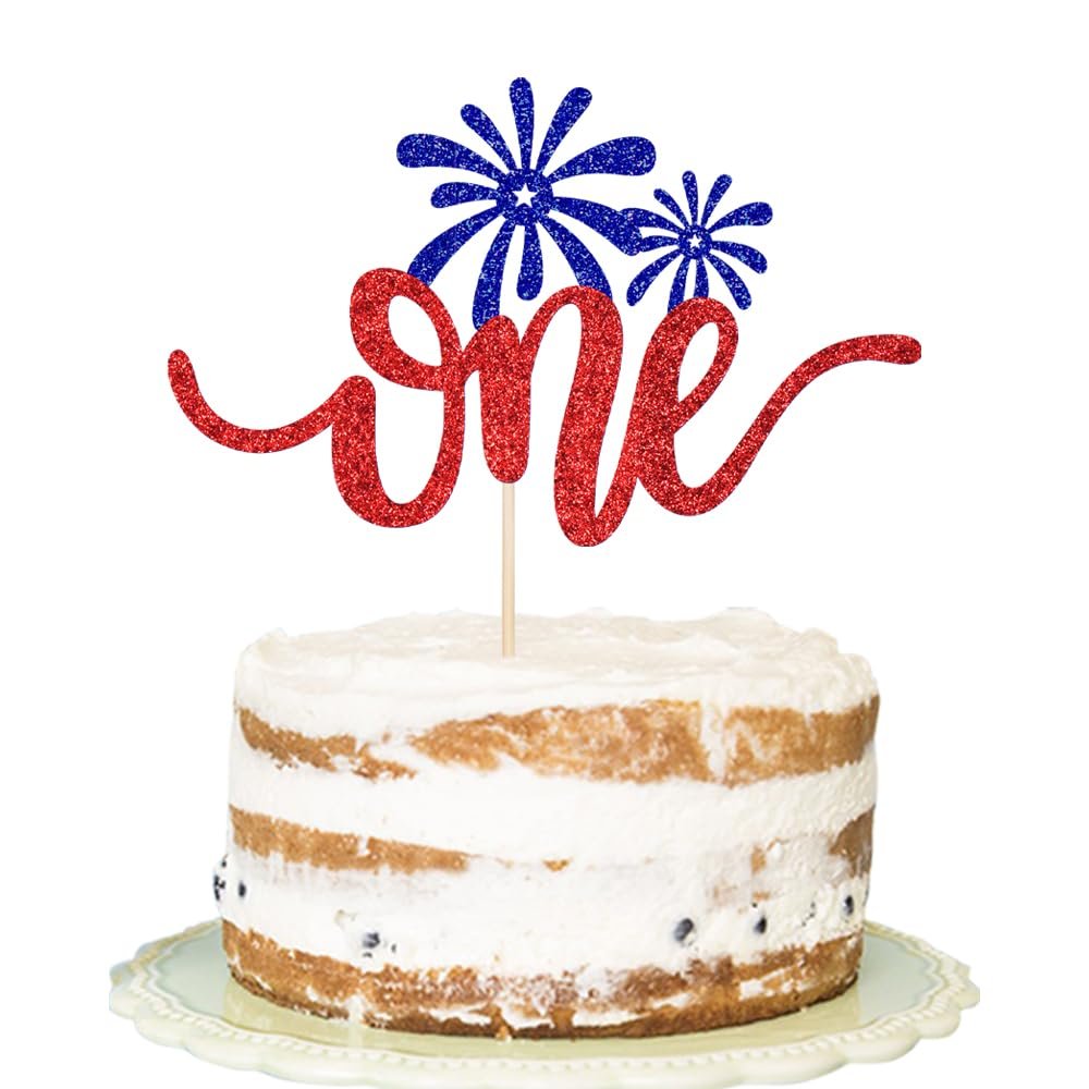 One Cake Topper Red & White & Blue Glitter- 4th of July 1st Birthday Decorations,4th of July Baby Shower Decor/American National Independence Day Theme 1st Birthday Party Cake Decorations Supplies