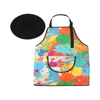 ACSUSS 2Pcs Kids Color Speckle Print Artist Costume Waterproof Mess-Proof Cover Up Clothes with Beret Front Pocket Colorful 11-14 Years