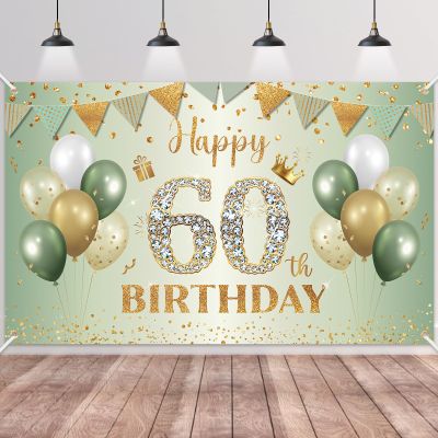 Happy 60th Birthday Banner Sage Green Gold,BTZO 60th Birthday Backdrop for Men Women,60th Birthday Decorations Fabric Photo Backdrop Background Signs for 60 Years Old Birthday Party,180110cm