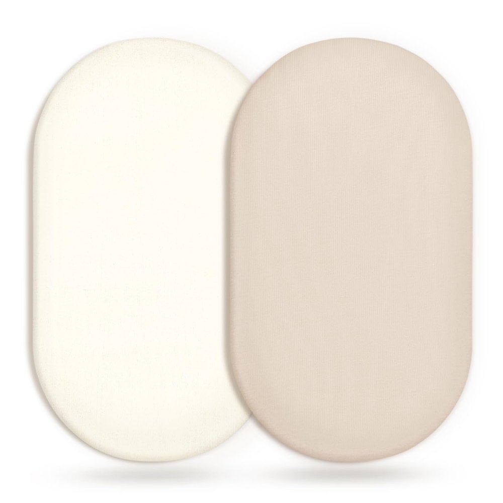 GRSSDER Stretchy Ultra Soft Fitted Bassinet Sheet 2 Pack, Universal Fit for Bassinets Baby Cradle Moses Basket Oval Rectangle Mattress Safe and Snug, Jersey Bassinet Sheets for Girls, Cream/Beige