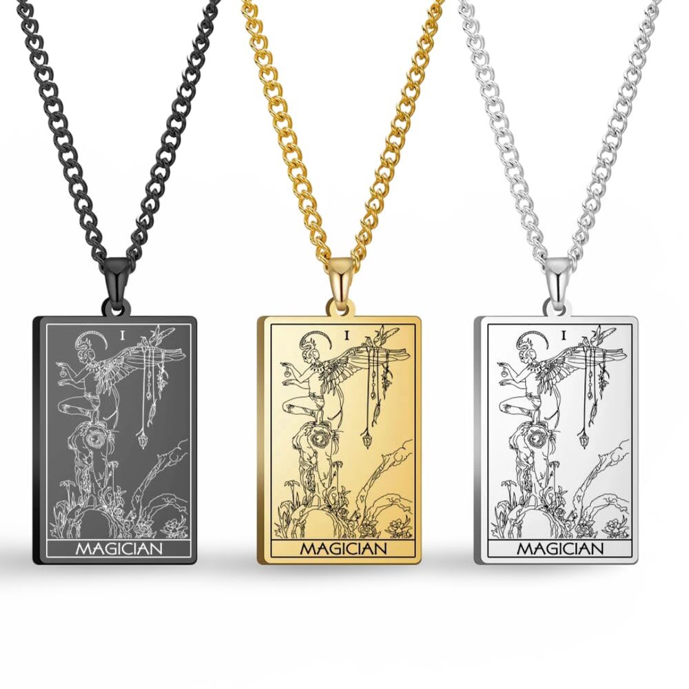Tarot Cards Esotericism Necklace Aesthetic Stainless Steel Tarot Luck The Major Arcana Pendant (Metal Color: THE MAGICIAN 2 - Main Stone Color: Gold box chain)