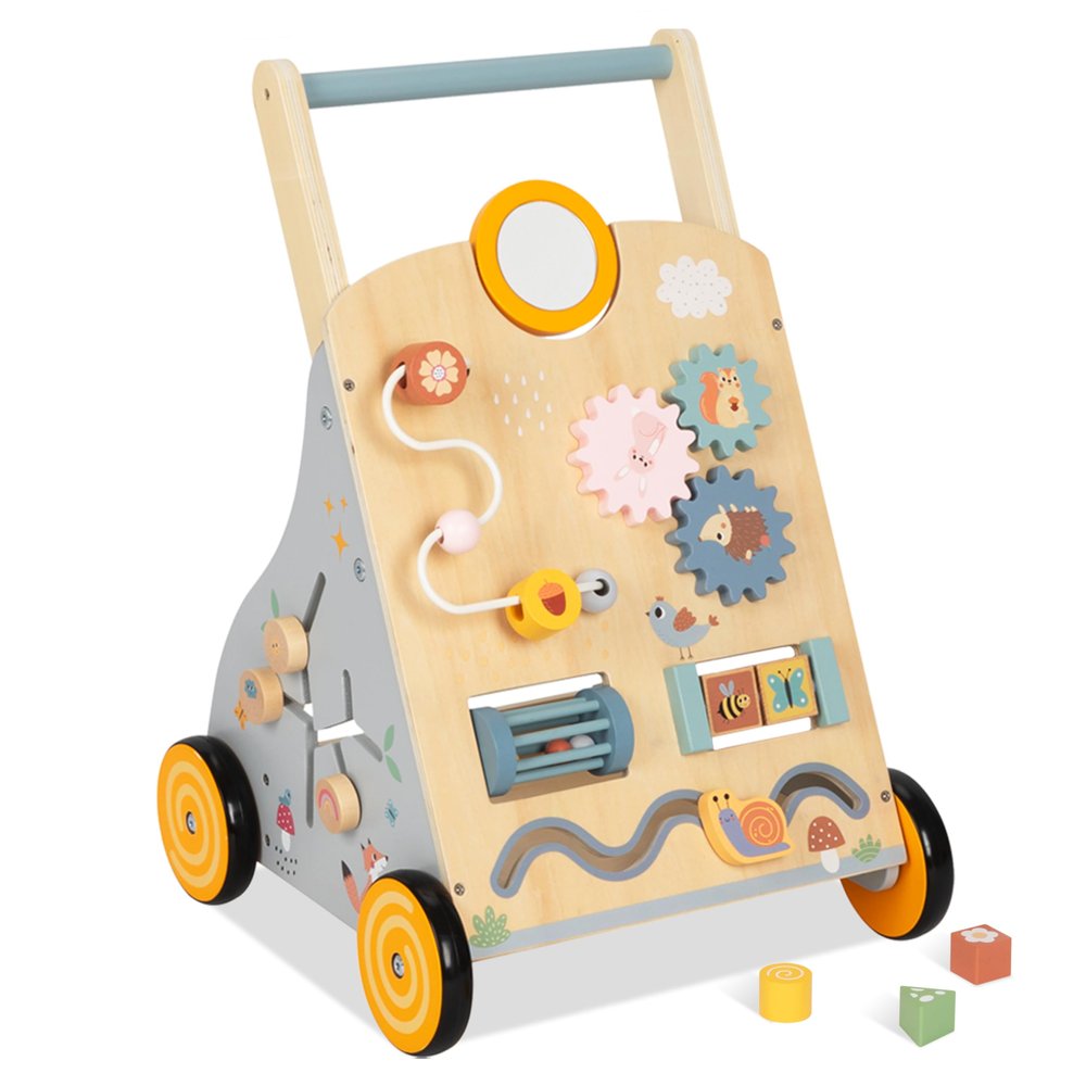 Wooden Baby Walker and Push Toy - Adjustable Height, Montessori Learning Activity Center for Boys and Girls, Toddler Push Walker and Development Toy for Kids 1-3 Years