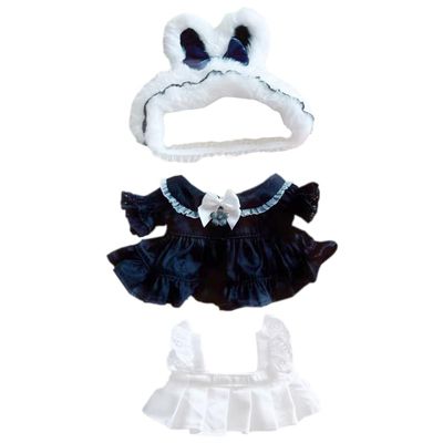 niannyyhouse 8in Doll Clothes Headdress Dress Apron Bunny Servant Outfit 20cm Plush Doll Accessories Dress Up (Black)
