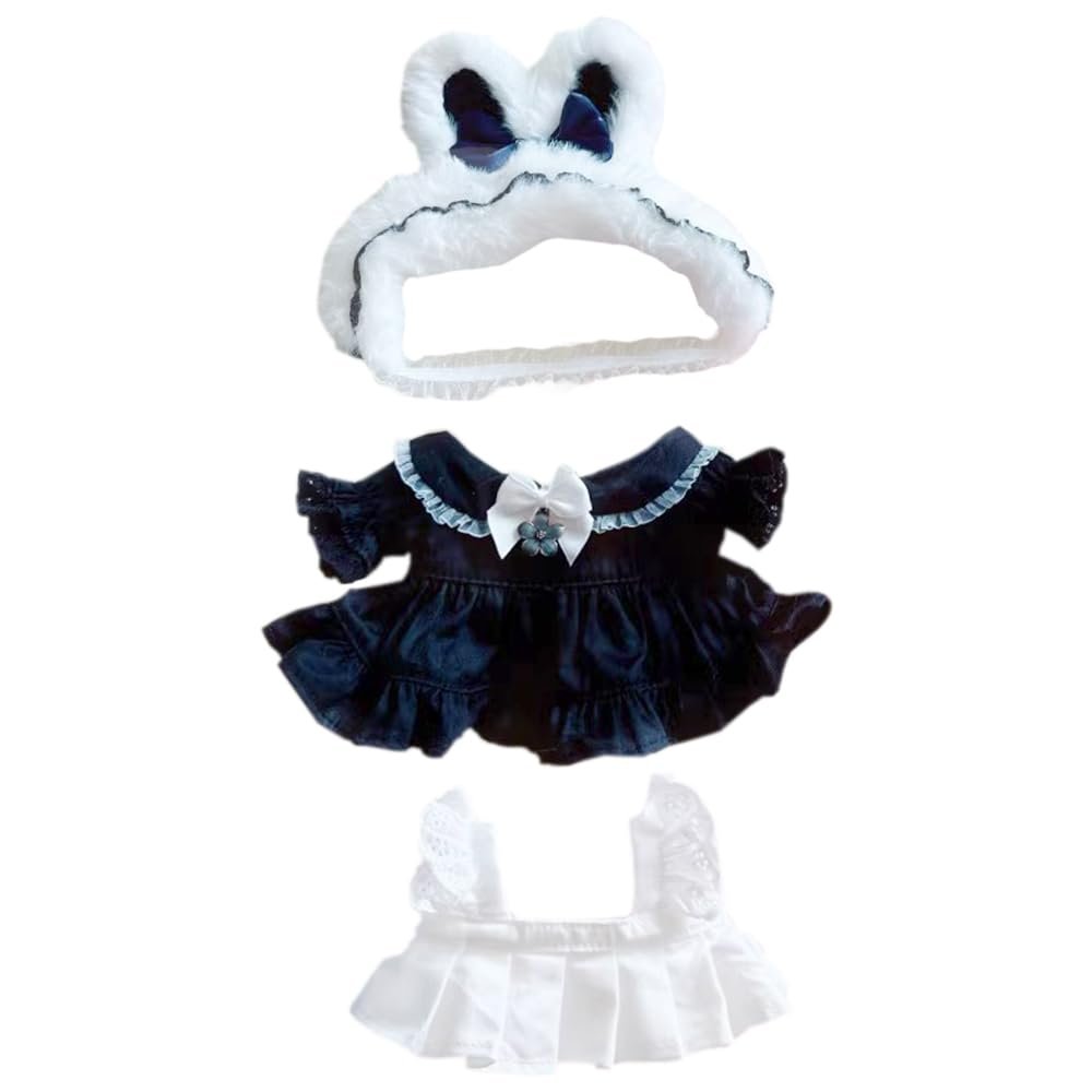 niannyyhouse 8in Doll Clothes Headdress Dress Apron Bunny Servant Outfit 20cm Plush Doll Accessories Dress Up (Black)