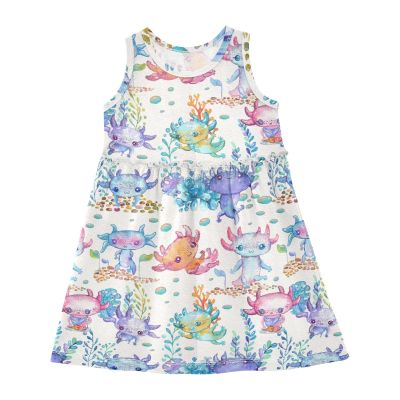 Aflyko Spring Dress for Girl Fantasy Axolotls Floral Kiddo Tank Sundress Costume Dress Summertime Comfy Skirt for Dinner Event Wedding Party 5-6T