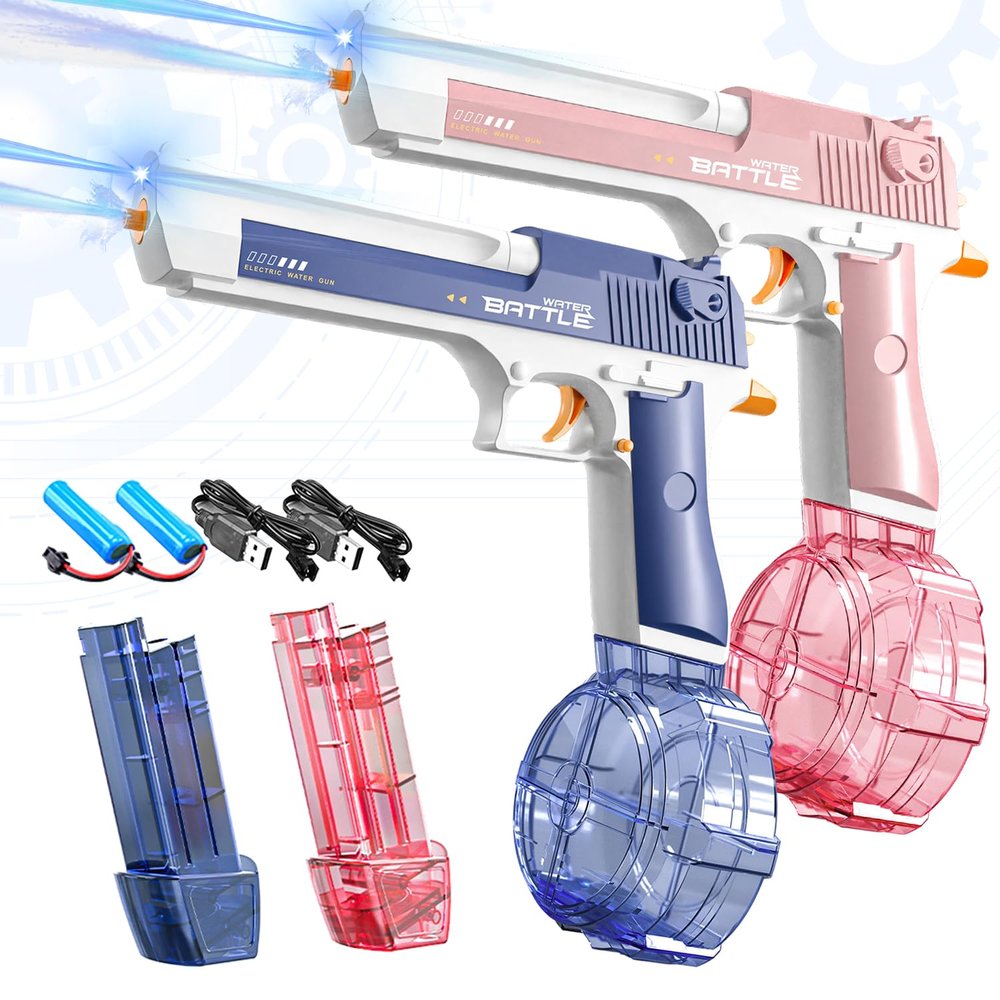 2 Pack Electric Water Guns for Adults & Kids, Up to 32 FT Long Range Squirt Guns 450CC+60CC Water Blaster Summer Pool Beach Party Toys (Blue&Pink)