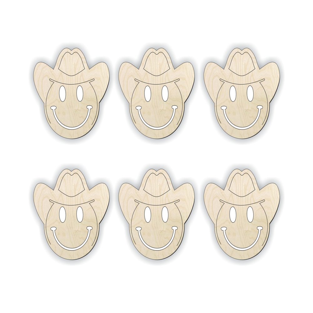 3" - 6 Pack Cowboy Smileyface Wood cutout, wooden cowboy for crafts and parties, cowboy gift, house decor,smiley face wood cutout, cowboy smile face, party decor, western party, cowboy party decor