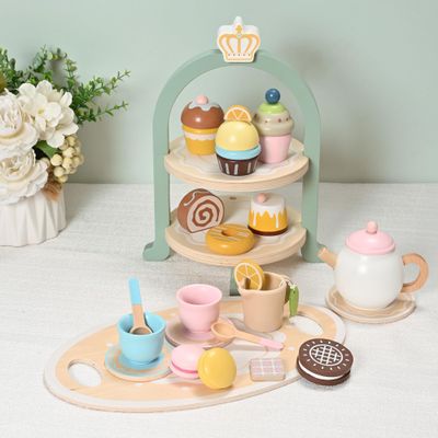 MONT PLEASANT 23pcs Wooden Tea Set for Little Girls, Toddler Tea Set Wooden Toys Play Kitchen Accessories with Cupcake Stand and Tray, Kids Tea Party Set Pretend Play Food Birthday Gift Playset