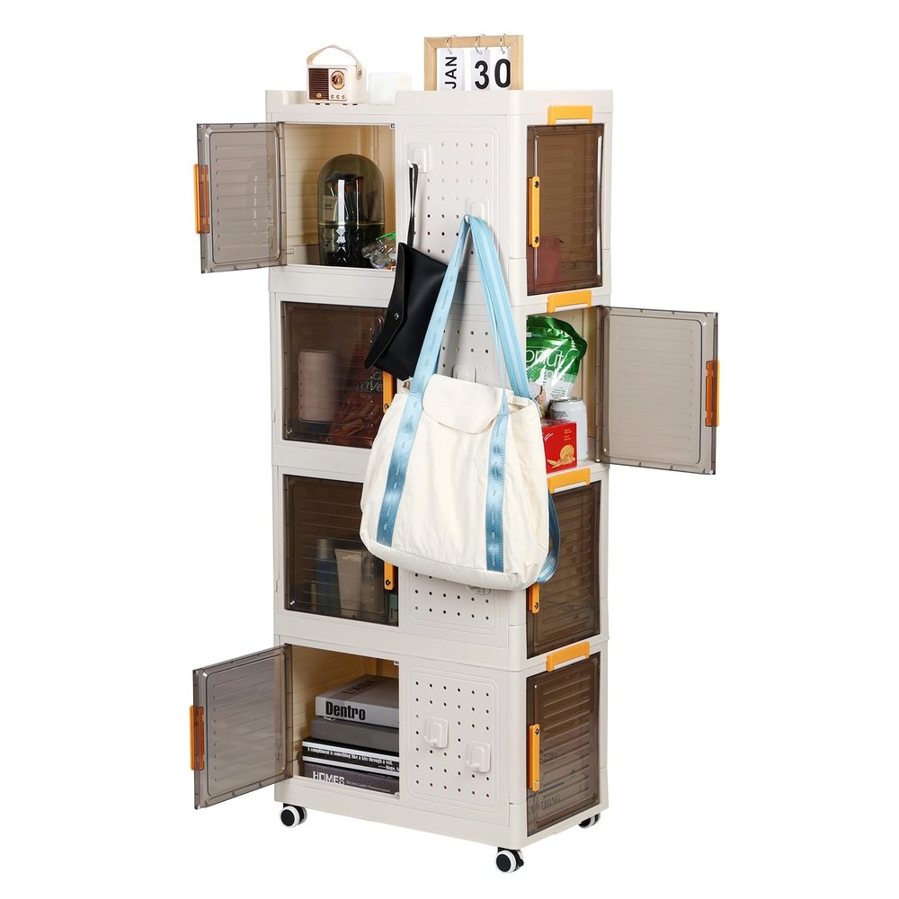 4 Tier Storage Bins,Stackable Storage Bins with Wheels Folding Storage Boxes, Collapsible Storage Bins, Closet Organizers and Storage for Living Room,Kitchen,Office,Dorm[US Warehouse] White