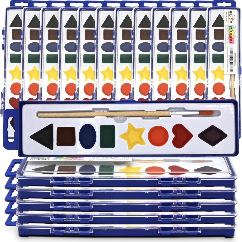 Color Swell Bulk Watercolor Paint Set 18-Pack with 8 Washable Colors & Shape Learning Tools Includes Strong Wood Brushes for Kids