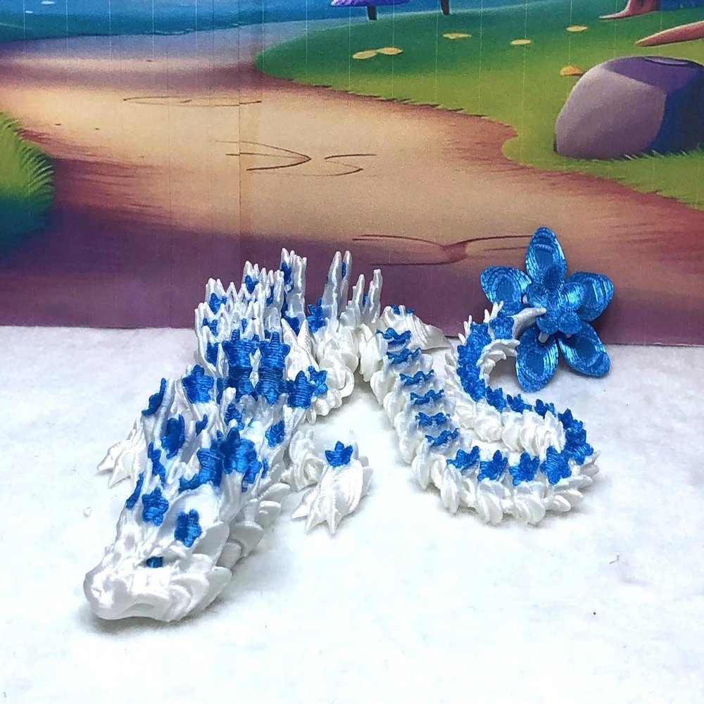 3D Printed Dragon, Articulated White and Blue Cherry Blossom Dragon, Fidget Toy ADHD Autism, Home Office Decor Executive Desk Toy D017-WB-DR
