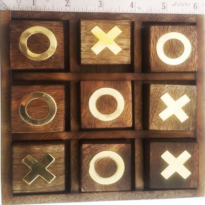 6" Wooden Tic Tac Toe Game - Handmade Table Top, Family Drawing Room Party, Premium Quality Travel Board Game 1.5 Inch Blocks Both Sides Brass 0X, Safer Than Electronic Electric Bolt Game