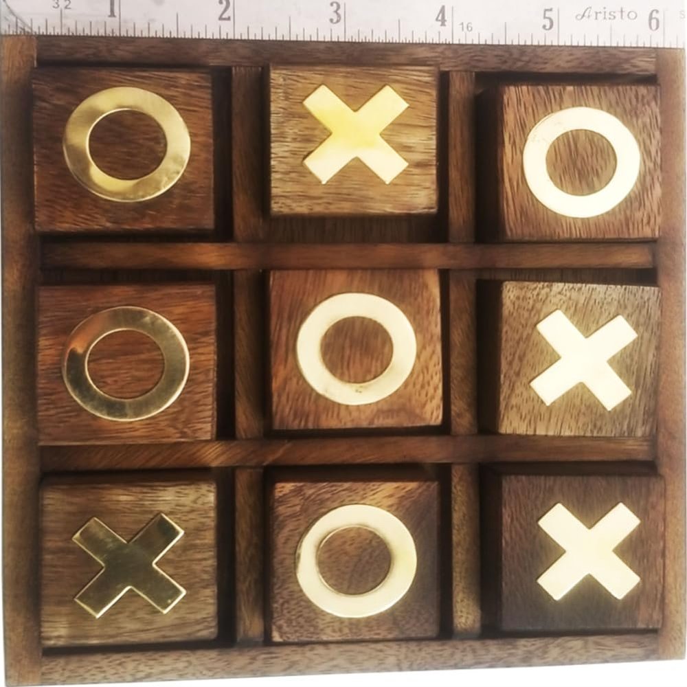 6" Wooden Tic Tac Toe Game - Handmade Table Top, Family Drawing Room Party, Premium Quality Travel Board Game 1.5 Inch Blocks Both Sides Brass 0X, Safer Than Electronic Electric Bolt Game