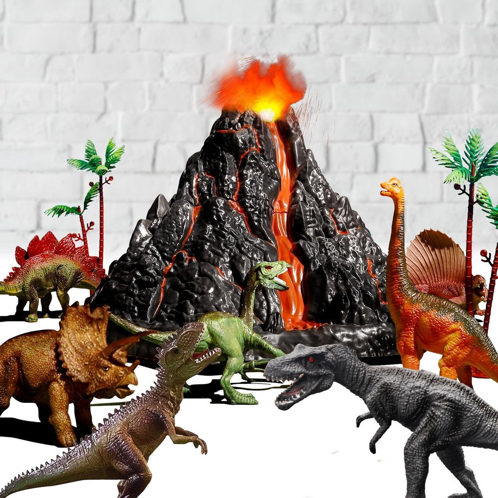 TOYSXYIN Large Volcano Set with 9 Realistic Dinosaur Action Figures for Kids 2 3 4 5 6 8 10 Years, Simulated Volcanic Eruptions w/Sounds, Volcano Can Store Dinos, Gift for Toddlers Boys & Girls