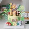 10 Pcs Jungle Safari Animal Cake Toppers with Elephant Giraffe Lion Monkey Glittery Tropical Leaves, Cute Jungle Animals Cake Decoration for Jungle Themed Party Birthday Party view 1