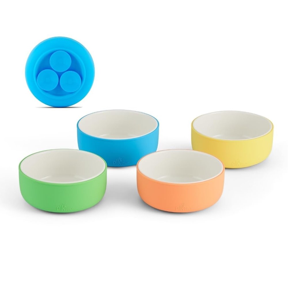 Elk and Friends Kids Porcelain Bowls with Silicone Suction Sleeve | Kids/Toddler/Baby Feeding | Microwave & Dishwasher Safe | Non slip | Cereal/Soup/Snack Dishes & Dinnerware