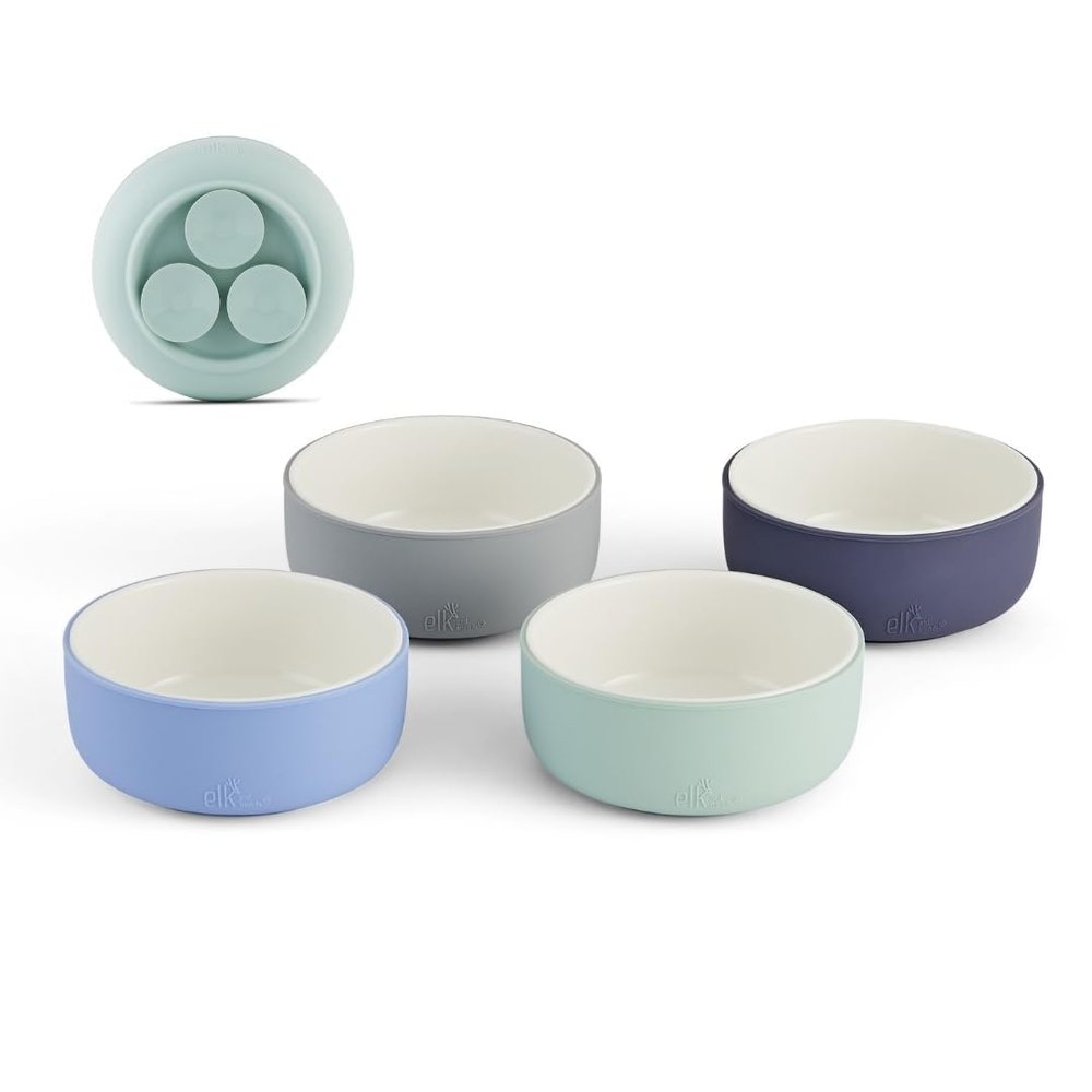 Elk and Friends Kids Porcelain Bowls with Silicone Suction Sleeve | Kids/Toddler/Baby Feeding | Microwave & Dishwasher Safe | Non slip | Cereal/Soup/Snack Dishes & Dinnerware