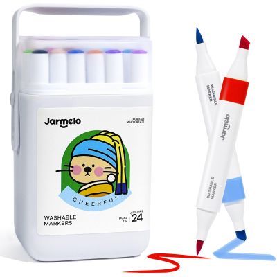 Jar Melo Washable Dual Tip Markers for Kids Ages 4-8, Brush & Chisel Tip, Water-Based Coloring Markers, Double-Tipped 24 Colors Marker Set with Storage Case, School Art Supplies for Boys & Girls 8-12