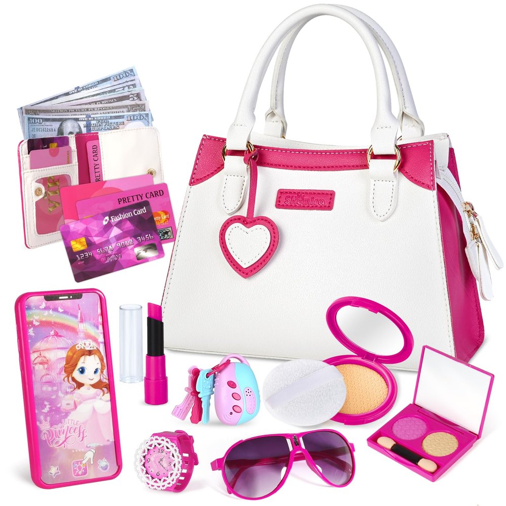 Shemira Play Purse for Little Girls, Princess Pretend Toys for Kids 3 4 5 6 7 8 Years Old, Christmas & Birthday Gift for Girls Age 3-5 4-6 6-8, Toddler Purse with Accessories, Kids Toy Purse, White