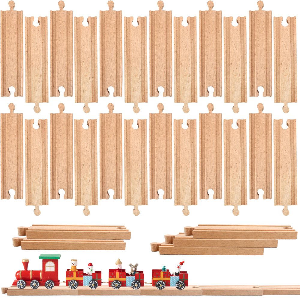 30 Pcs Wooden Train Track Bulk Straight Train Track Hardwood Train Track Expansion Packs for Most Major Toy Trains Railway Table Activities Games
