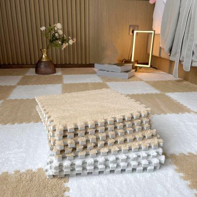 20 Pcs Plush Exercise Carpet Tiles,Interlocking Puzzle Foam Floor Mat,Jigsaw Floor Play Mats,Area Rugs,11.8x11.8 Inch(Size:0.23 inch,Color:Apricot+White)