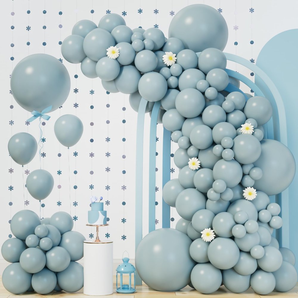 140Pcs Dusty Baby Blue Balloon Arch Garland Kit,Slate Fog Baby Blue 5/10/12/18 Inch Balloons for Men Boy Baby Shower Bridal Shower Birthday Party Decorations