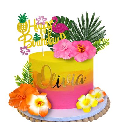 13 PCS Hawaiian Flower Cake Toppers Summer Cake Decoration with Palm Leaves and Hibiscus Flower for Hawaiian Aloha Flamingo Themed Birthday Supplies (Type 2)