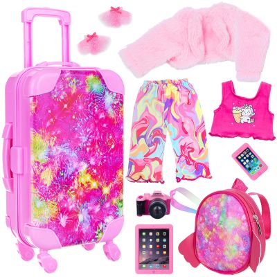 Ecore Fun American 18 Inch Doll Clothes and Accessories Suitcase Set with Doll Backpack Outfits Hair Clips & Accessories 18 Inch Dolls Girl Gifts
