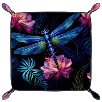 Microfiber Leather Dice Trays Holder for Dice Games Like RPG DND, Fancy Dragonflies B Dice Holder Storage Box Portable Folding Rolling Dice Tray, 16x16cm