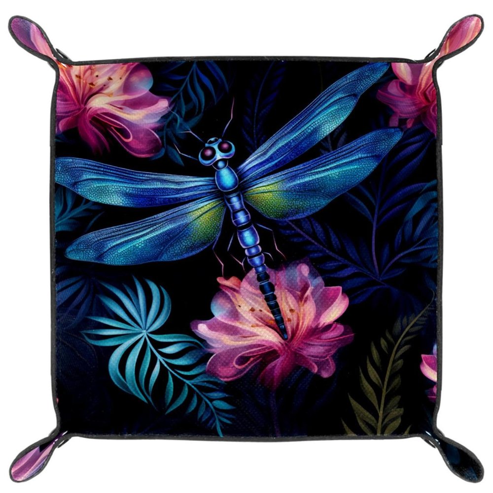 Microfiber Leather Dice Trays Holder for Dice Games Like RPG DND, Fancy Dragonflies B Dice Holder Storage Box Portable Folding Rolling Dice Tray, 16x16cm