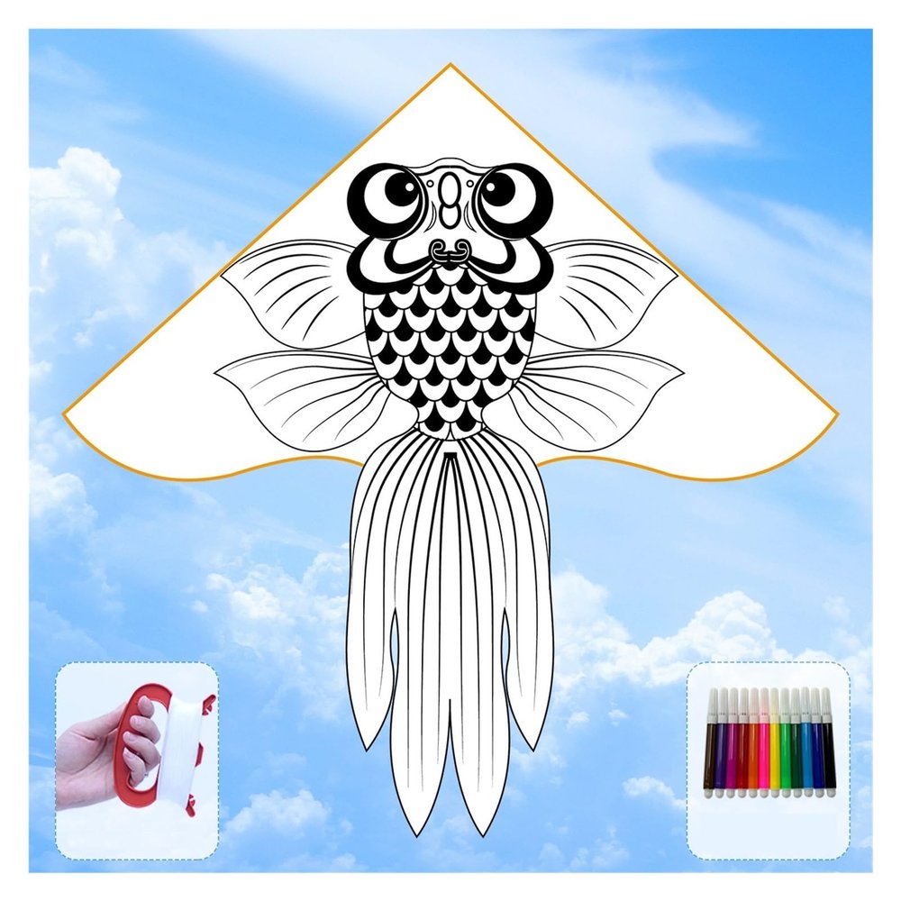 hezhuhe2258 Kites for Kids Adults Hand-Painted Blank Kite, DIY Kite with 12 Color Coloring Tool +Kite String,Educational Kite Easy Fly Kites (Color : White M1-3)