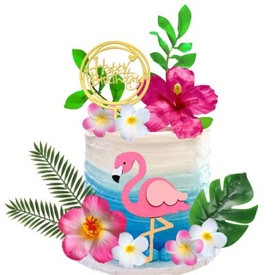 14 PCS Flamingo Cake Toppers Artificial Flower Palm Leaves Cake Decoration for Birthday Summer Tropical Hawaiian Themed Supplies (1)