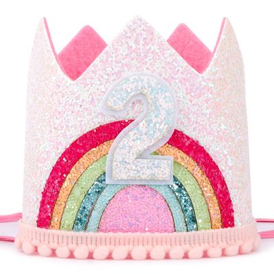Atoden 2nd Birthday Crown Princess Tiara, Rainbow Hat Headband - Birthday Gift Decorations and Accessories for Two Year Old Girl's Party