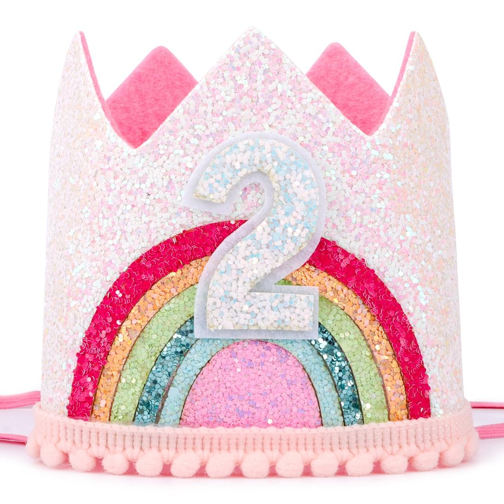 Atoden 2nd Birthday Crown Princess Tiara, Rainbow Hat Headband - Birthday Gift Decorations and Accessories for Two Year Old Girl's Party