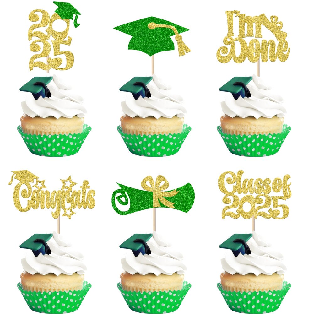 24 Pack 2025 Graduation Cupcake Toppers Glitter Congrats Grad Class Of 2025 Cupcake Picks I Am Done Cake Decorations for Graduation Theme Party Decorations Supplies Gold Green