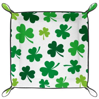 Lucky Clover Leaves Pattern Microfiber Leather Dice Trays Folding for RPG DND Table Games, Leather Dice Holder Storage Box Portable Folding Rolling Dice Tray, 20.5x20.5cm