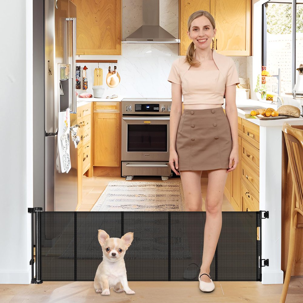 20 Inches Tall Retractable Short Dog Gates for Doorways, Short Pet Gate to Step Over, Extends up to 55" Wide, Step Over Puppy Gates for Stairs Mesh Doggy Gates Small Dog Gate Indoor Outdoor (Black)