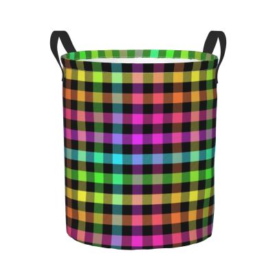 Foruidea Neon Plaid Pattern Laundry Basket,Laundry Hamper,Collapsible Storage Bin, Oxford Fabric Clothes Baskets,Nursery Hamper For Home,Office,Dorm,Gift Basket, Medium