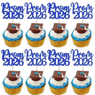 24 Pack Prom 2026 Graduation Cupcake Toppers Glitter 2026 Prom College Cupcake Picks for Congrats 2026 Graduation Class of 2026 Theme School Party Cake Decoration Supplies Blue
