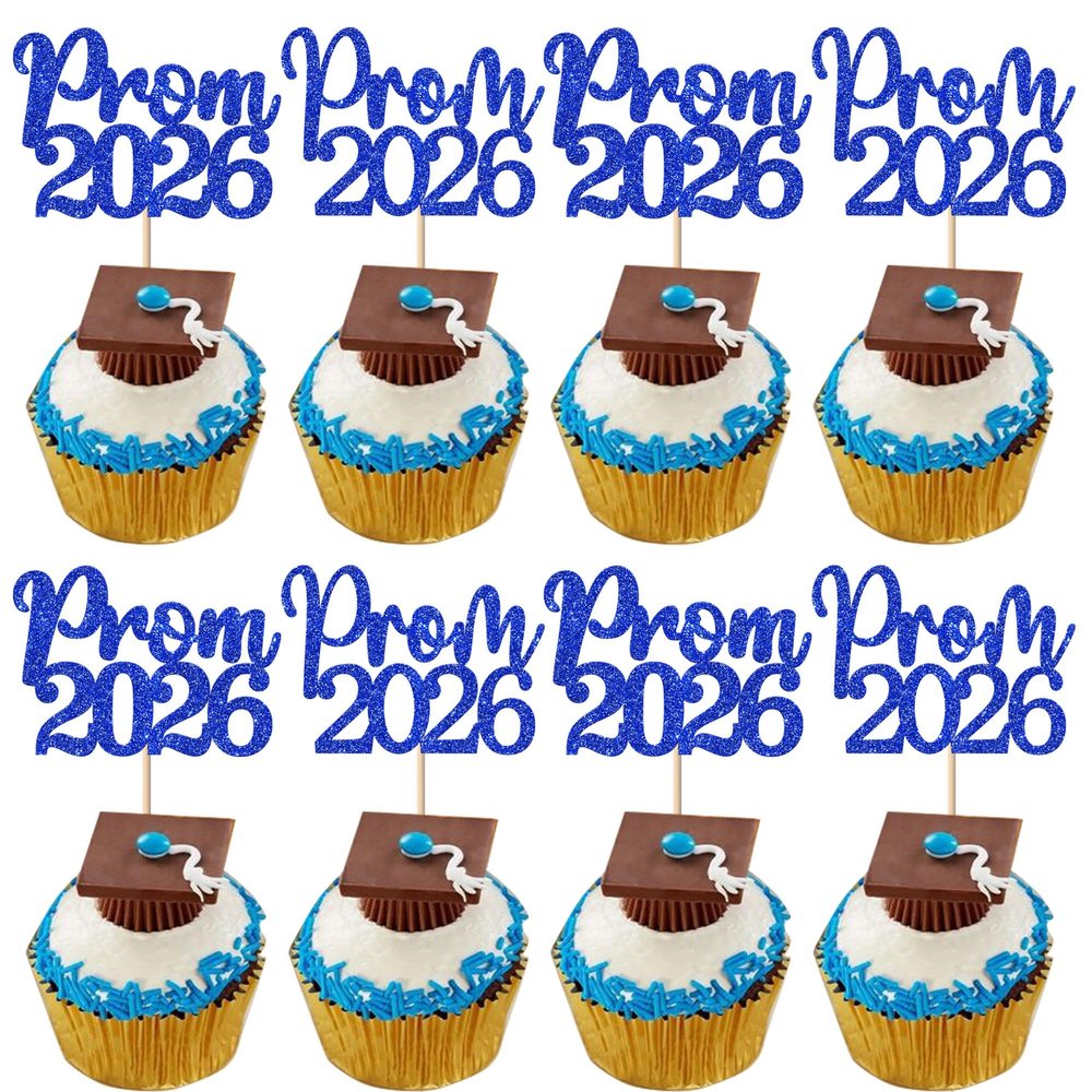 24 Pack Prom 2026 Graduation Cupcake Toppers Glitter 2026 Prom College Cupcake Picks for Congrats 2026 Graduation Class of 2026 Theme School Party Cake Decoration Supplies Blue
