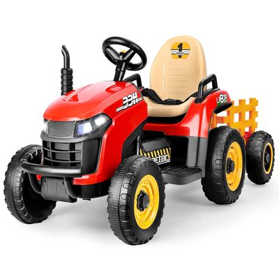 ARBELI 12V 7AH Ride on Tractor w/Tiltable Trailer & Remote Control, 2x45W Motors, Bluetooth, Music, Shifter, Electric Car for Kids Ages 2-5 (Red)