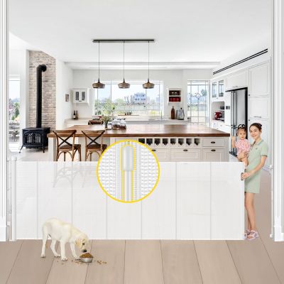 Reinforced 42 Tall x 100 Extra Wide Retractable Baby Gate for Large Openings Tall Baby Gates for Dogs Pet Gate with Rods to Prevent Crawling Through, Extra Wide Mesh Dog Gate, White