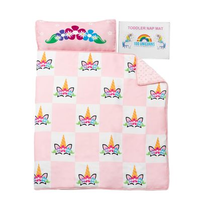 100 UNICORNS Portable Toddler Nap Mat | Sleeping Bag & Cot Alternative | Perfect Toddler Bed for Travel | Includes A Cozy & Soft Blanket | Removable Pillow | Ideal for Kids in Daycare & Preschool