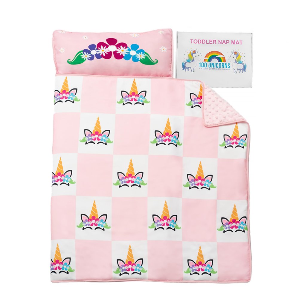 100 UNICORNS Portable Toddler Nap Mat | Sleeping Bag & Cot Alternative | Perfect Toddler Bed for Travel | Includes A Cozy & Soft Blanket | Removable Pillow | Ideal for Kids in Daycare & Preschool