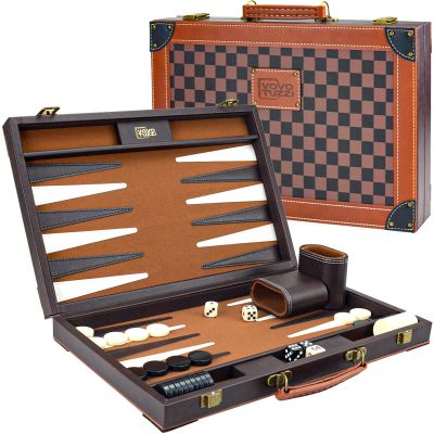Backgammon Sets for Adults, Large Backgammon Board Games Travel Set, 15 inch Backga mon PU Leather Case, Brown
