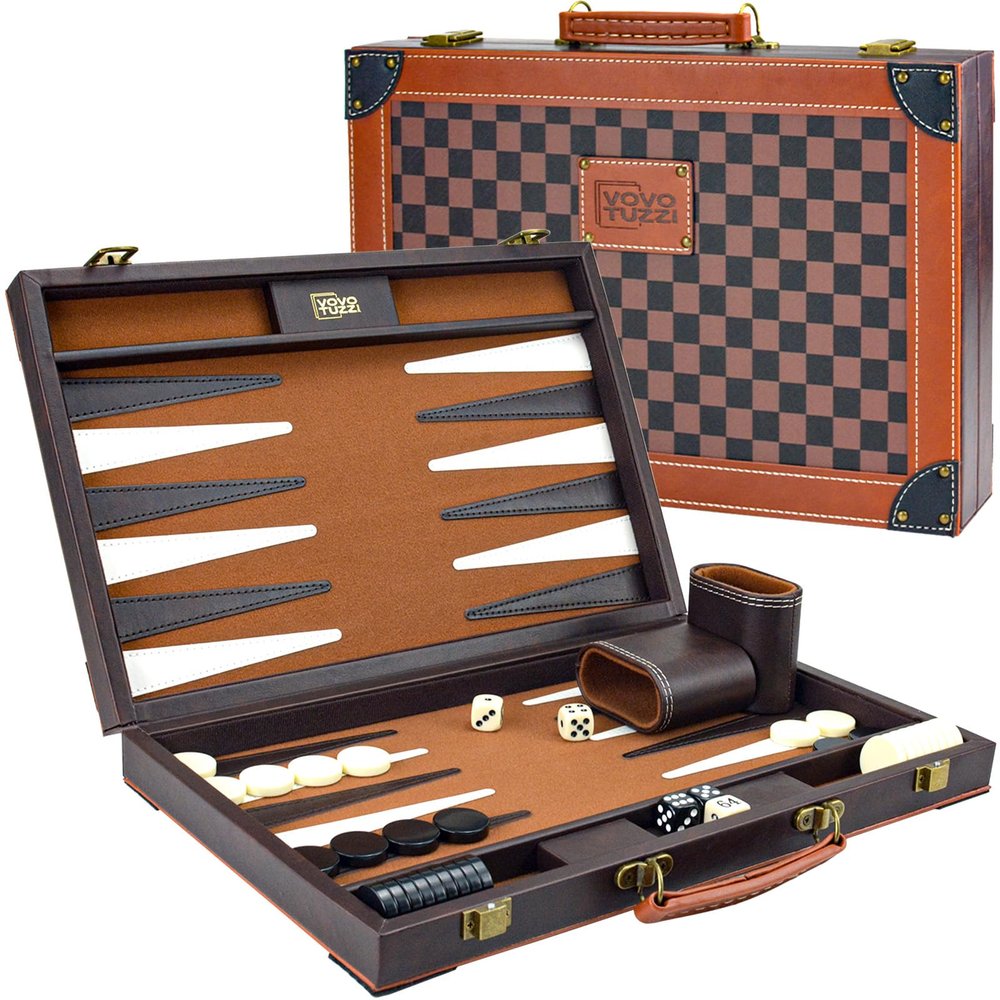 Backgammon Sets for Adults, Large Backgammon Board Games Travel Set, 15 inch Backga mon PU Leather Case, Brown