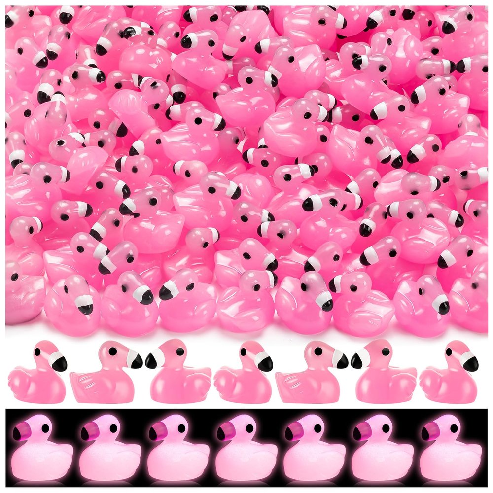 LHSYFBZ 100 Pcs Mini Resin Flamingo Ducks, Luminous Flamingo Tiny Ducks, Glow in The Dark Miniature Flamingos for Cake Topper Garden Dollhouse Landscape Aquarium Ornaments DIY Crafts