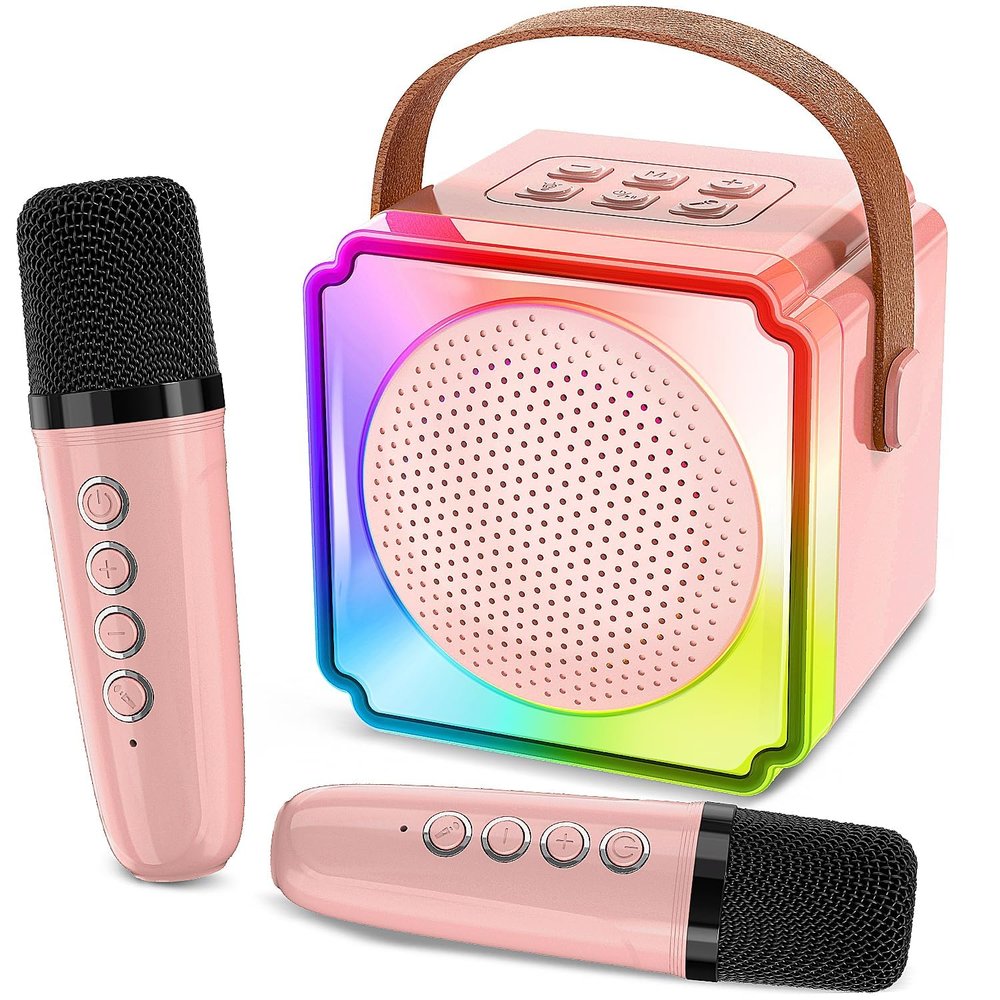 AuntyFey Mini Karaoke Machine for Kids with 2 Wireless Microphone for Kids, Kids Karaoke Machine Toy for 6+ Year Old Girls Kids Age 4-8-12, Kids Microphones for Singing(Pink)